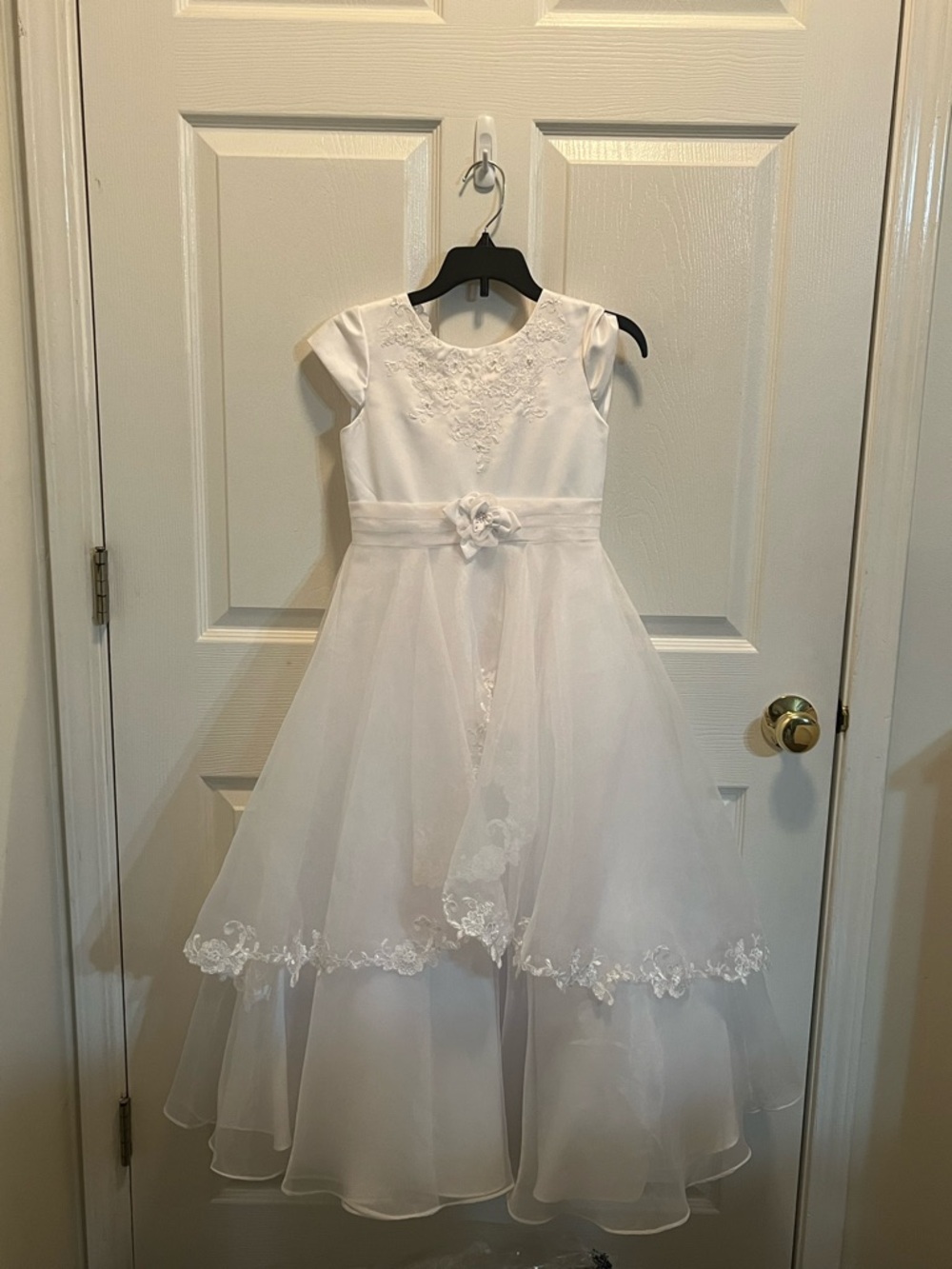 Girls White Flower Girl Dress with Lace Accents